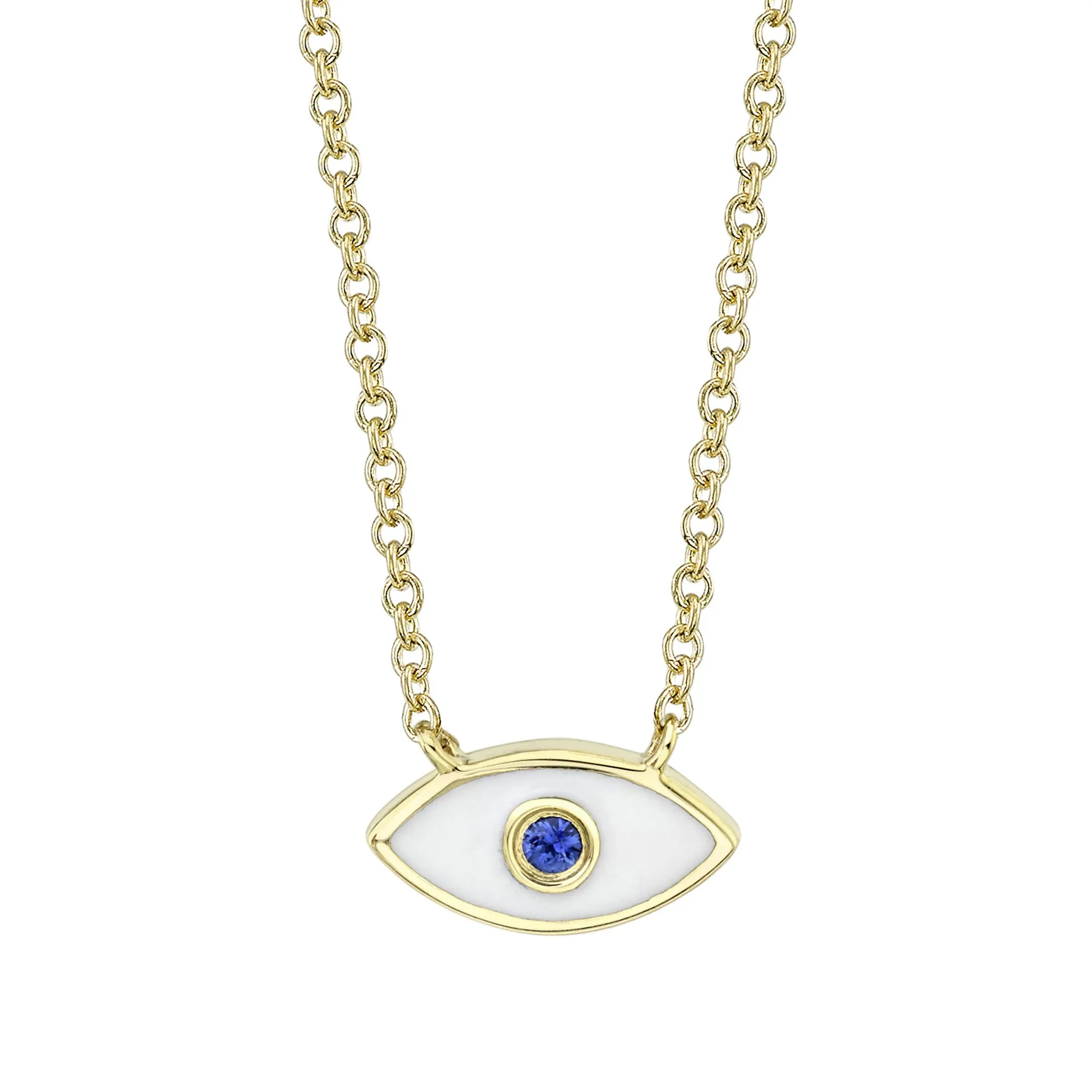 0.03CT BLUE SAPPHIRE & WHITE ENAMEL 14K Y/G EYE NECKLACE