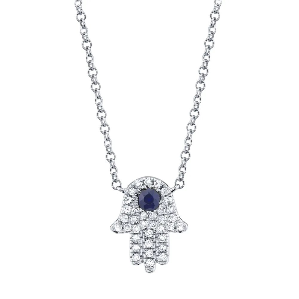 0.09CT DIAMOND & 0.08CT BLUE SAPPHIRE 14K W/G HAMSA NECKLACE