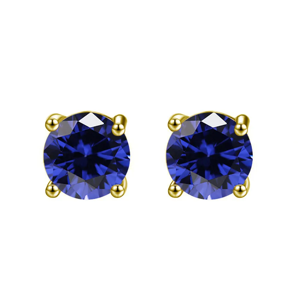 10k Yellow Gold Plated 1 Ct Round Created Blue Sapphire Stud Earrings