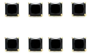 10k Yellow Gold Plated Created Black Sapphire 3 Carat Princess Cut Pack of Four Stud Earrings