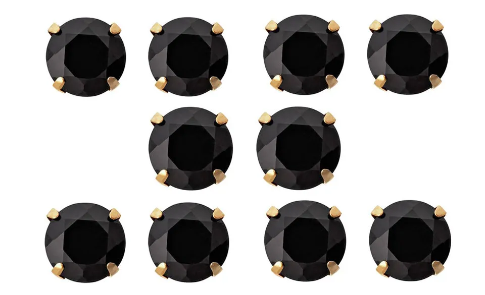 10k Yellow Gold Plated Created Black Sapphire 4 Carat Round Pack of Five Stud Earrings