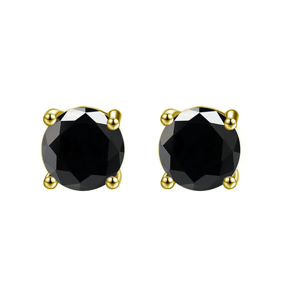 10k Yellow Gold Plated Created Black Sapphire 4 Carat Round Stud Earrings