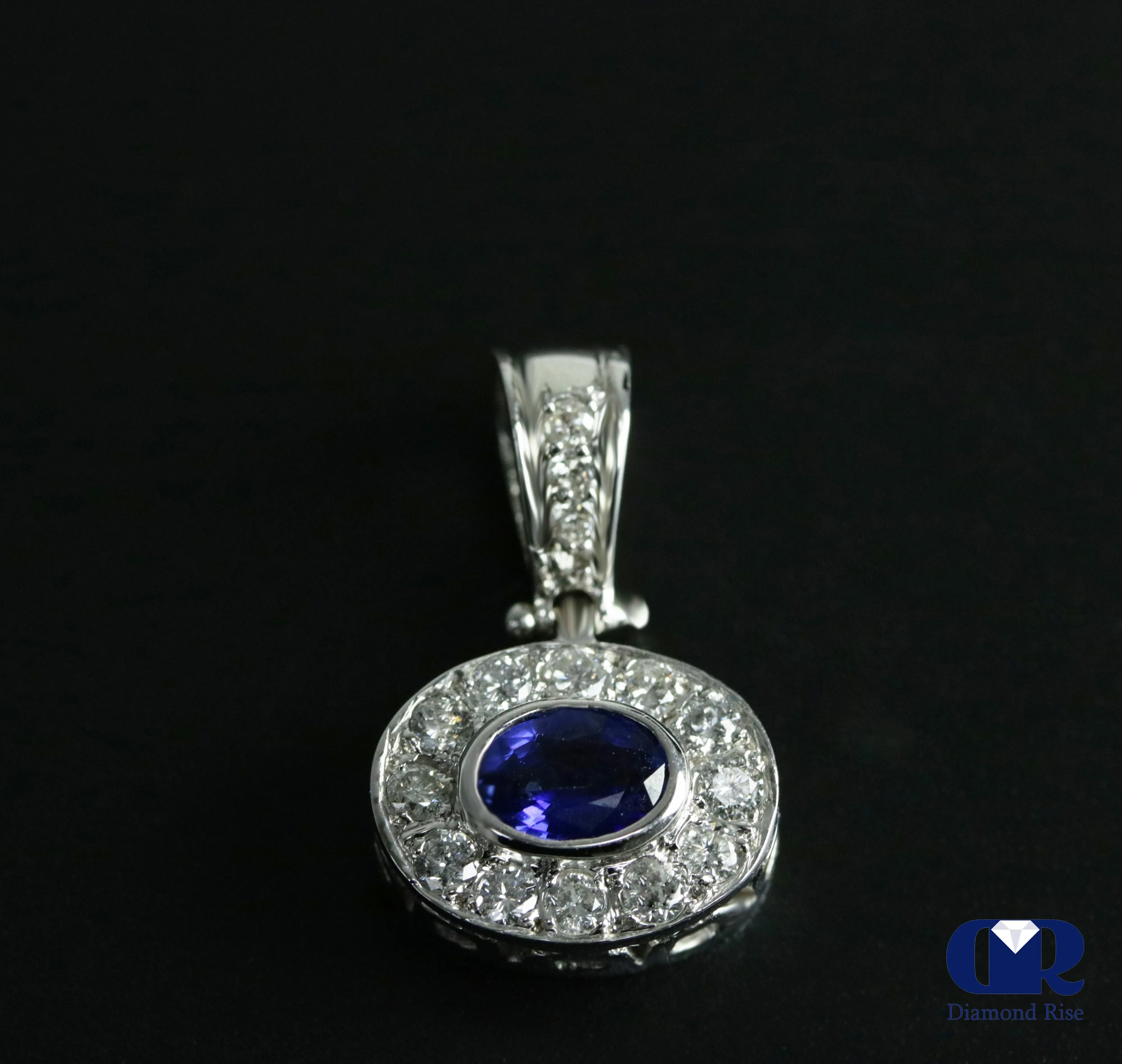 1.12 Carat Sapphire & Round Diamond Pendant Necklace 14K White Gold 16" Chain