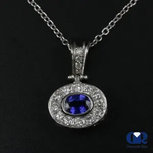 1.12 Carat Sapphire & Round Diamond Pendant Necklace 14K White Gold 16" Chain