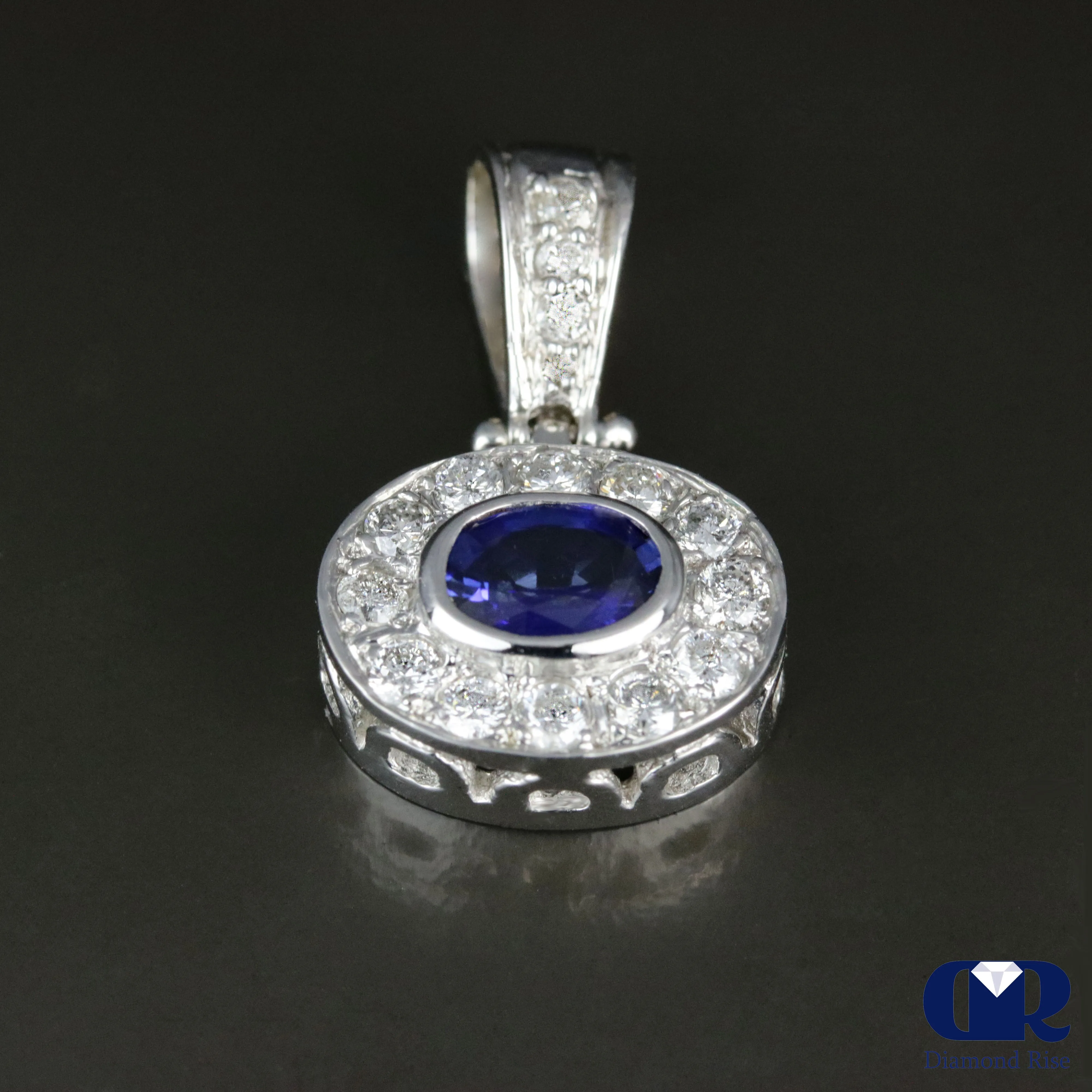 1.12 Carat Sapphire & Round Diamond Pendant Necklace 14K White Gold 16" Chain