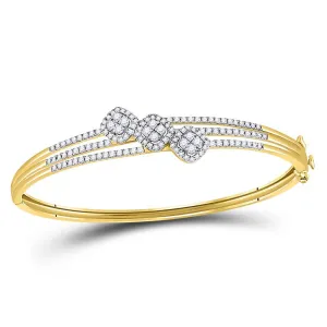 1.25 Cttw Diamond Triple Cluster Womens Hinged Bangle Bracelet 14k Yellow Gold