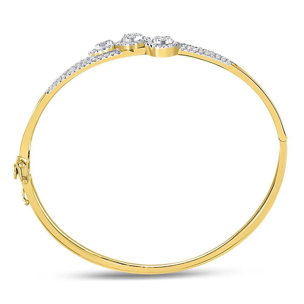 1.25 Cttw Diamond Triple Cluster Womens Hinged Bangle Bracelet 14k Yellow Gold