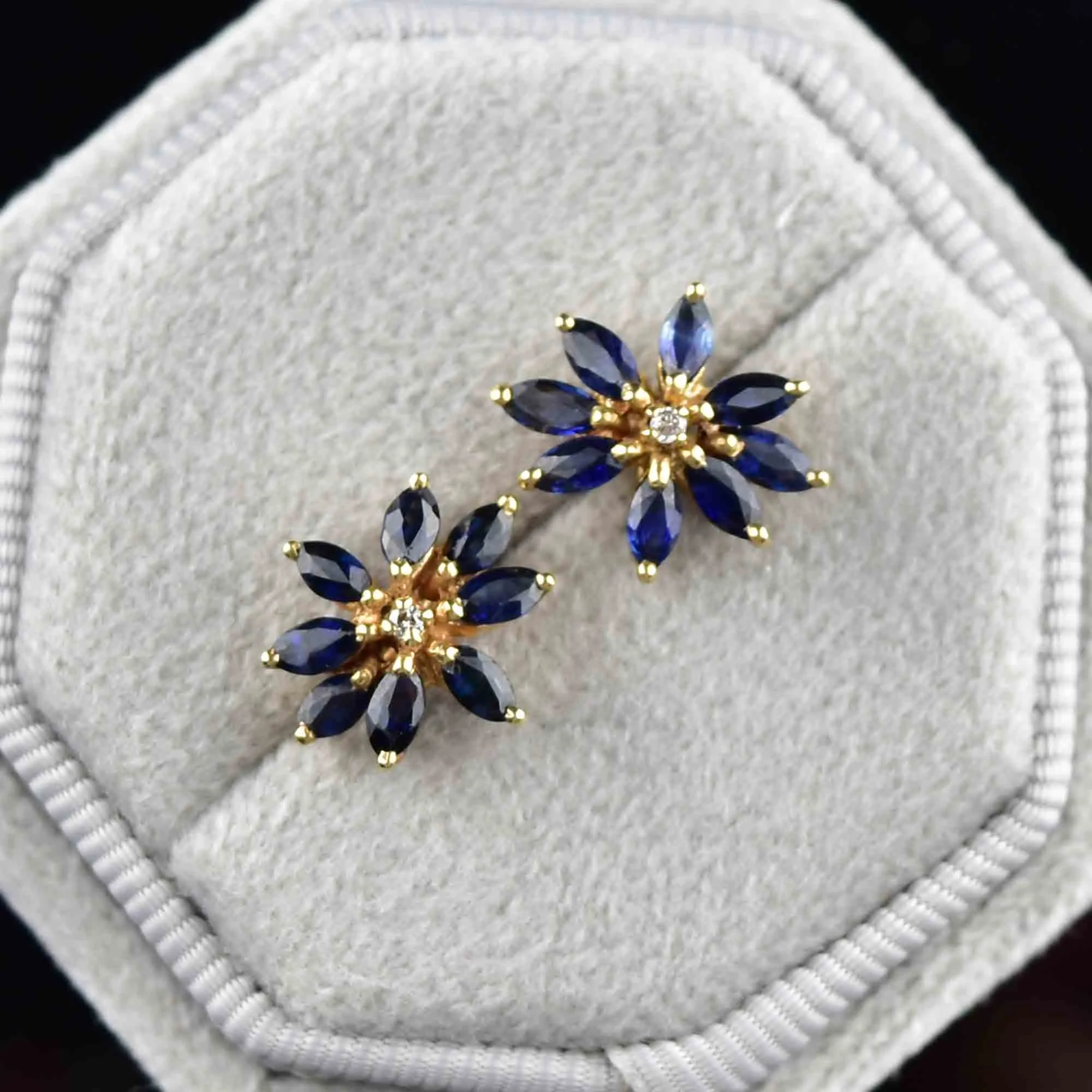 14K Gold Diamond Sapphire Floral Starburst Stud Earrings