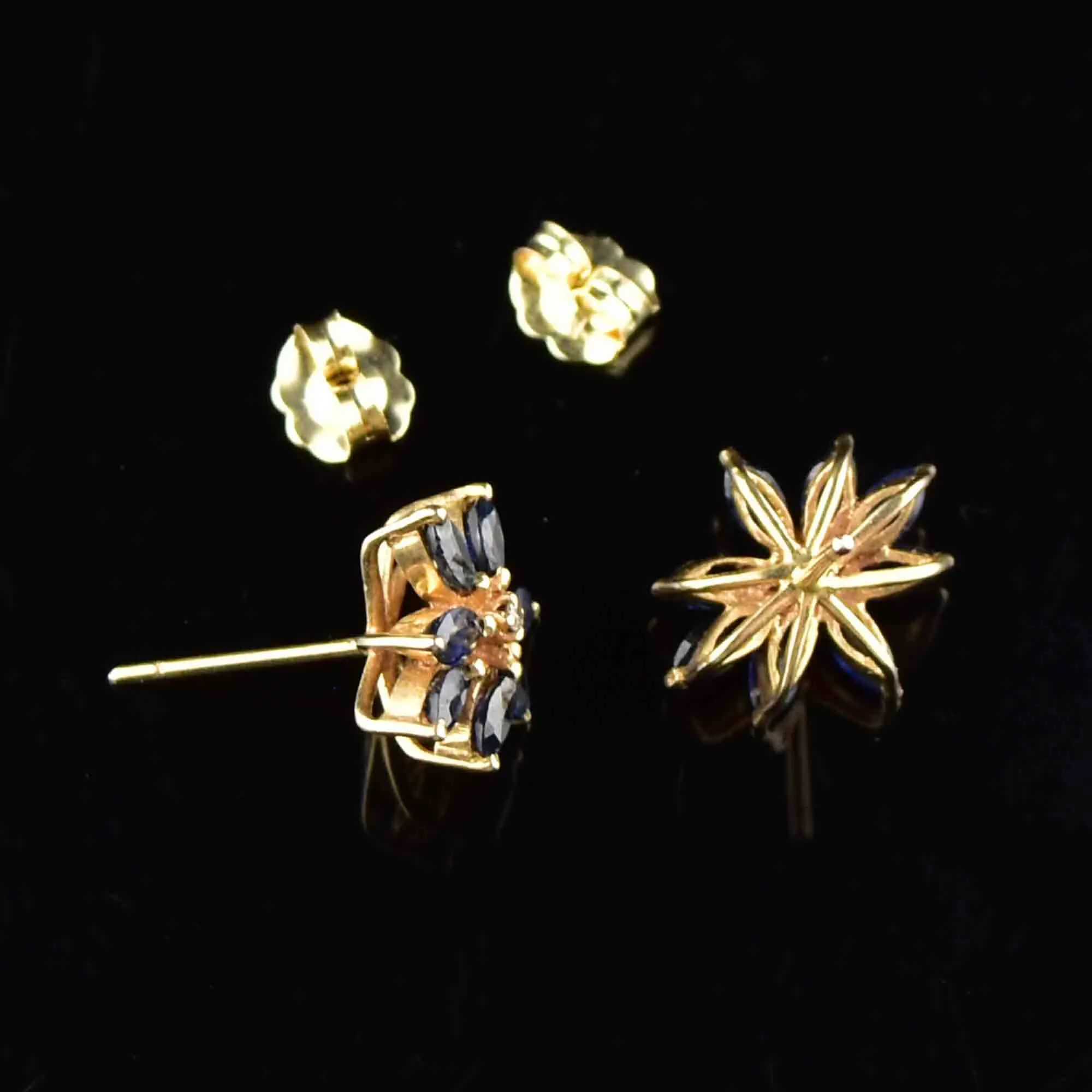 14K Gold Diamond Sapphire Floral Starburst Stud Earrings