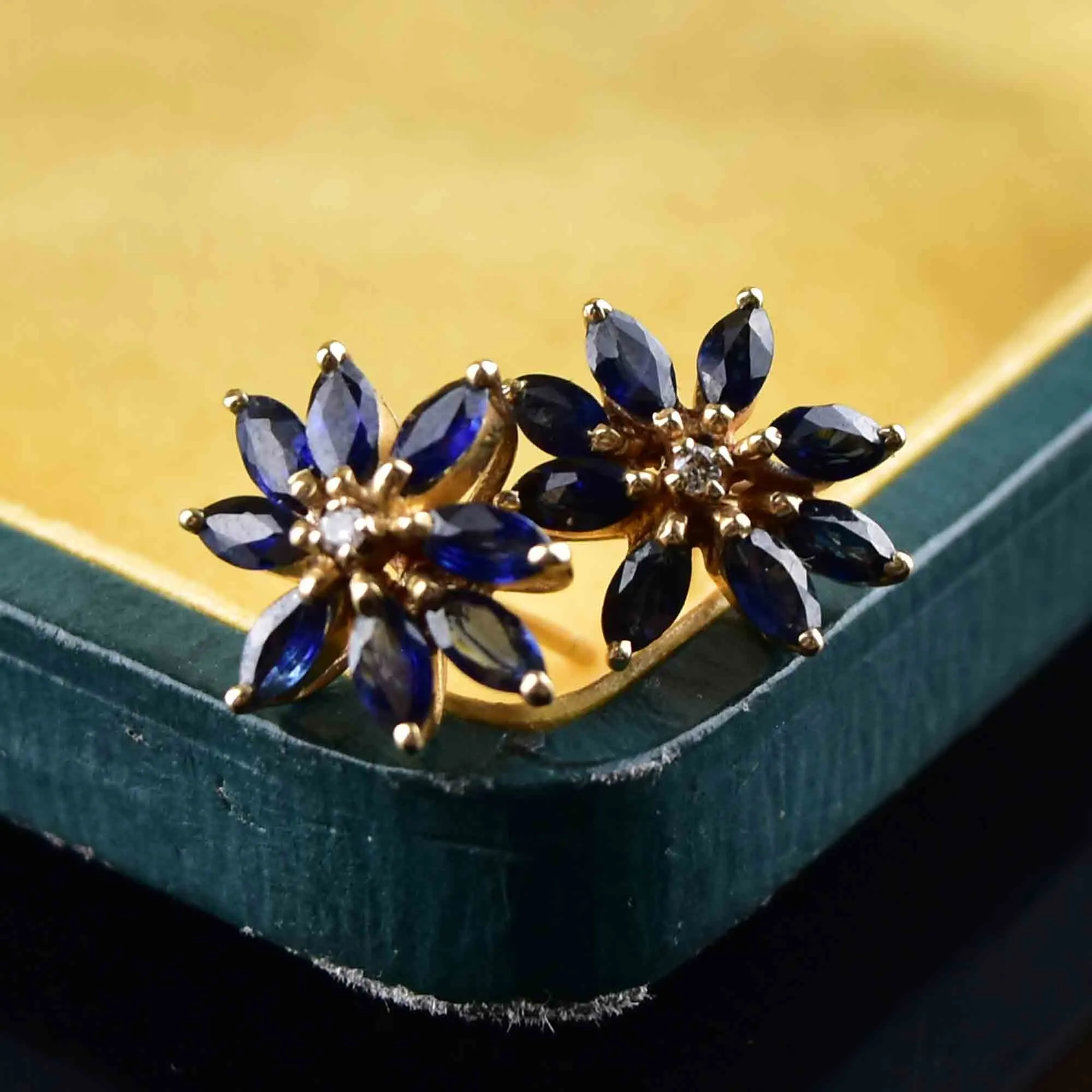 14K Gold Diamond Sapphire Floral Starburst Stud Earrings