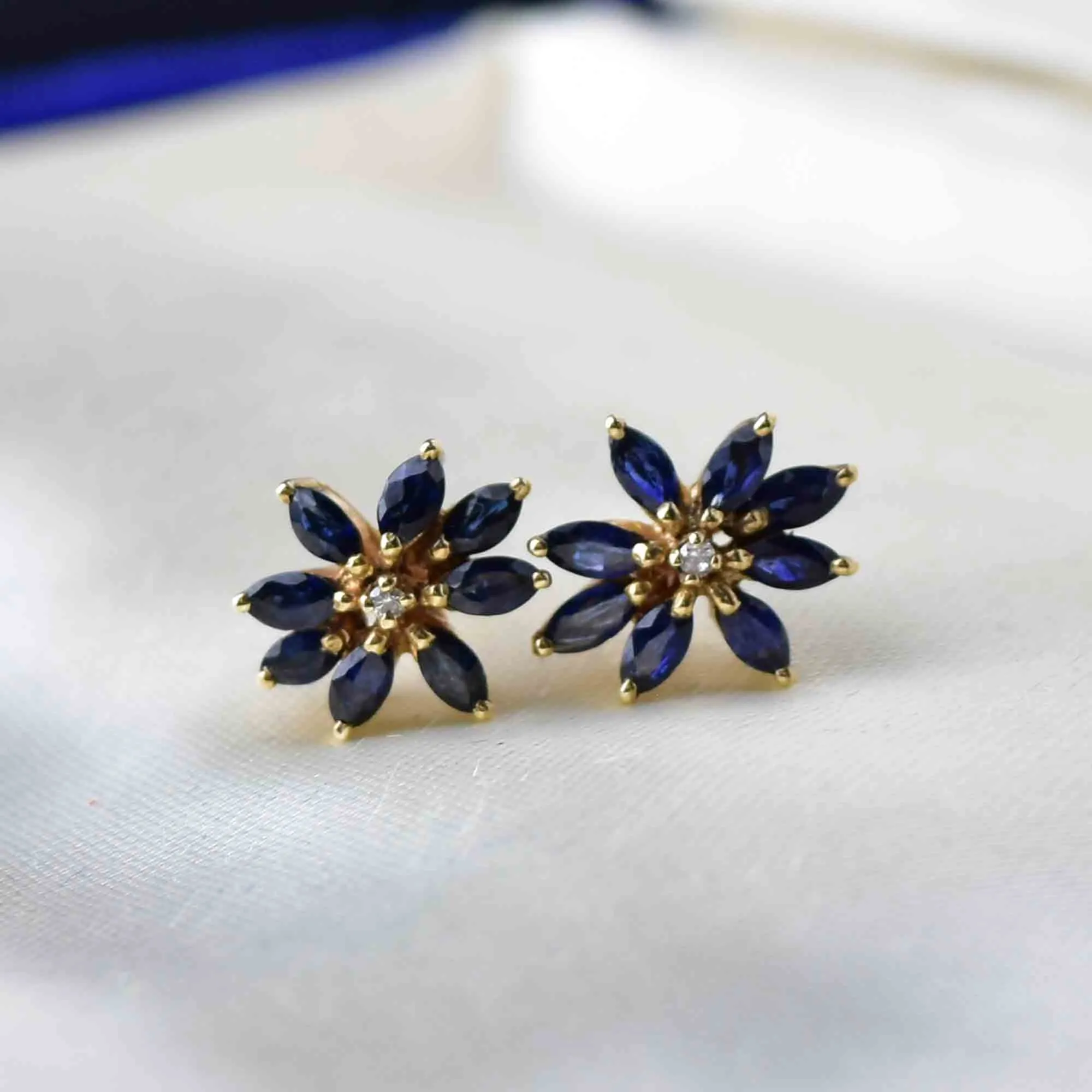 14K Gold Diamond Sapphire Floral Starburst Stud Earrings