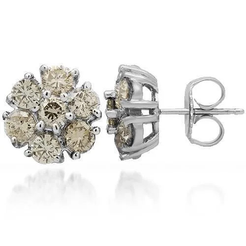 14K Solid White Gold Diamond Cluster Stud Earrings 2.75 Ctw