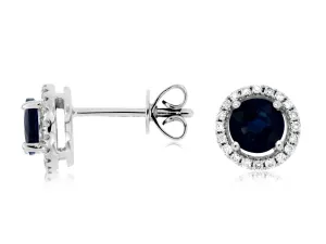 14K W Gold 0.15cttw Diamond 1.10cttw Sapphire Halo Earrings