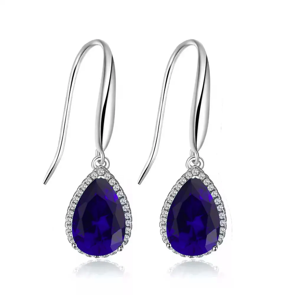 14k White Gold Plated 1 Ct Created Blue Sapphire Teardrop Earrings