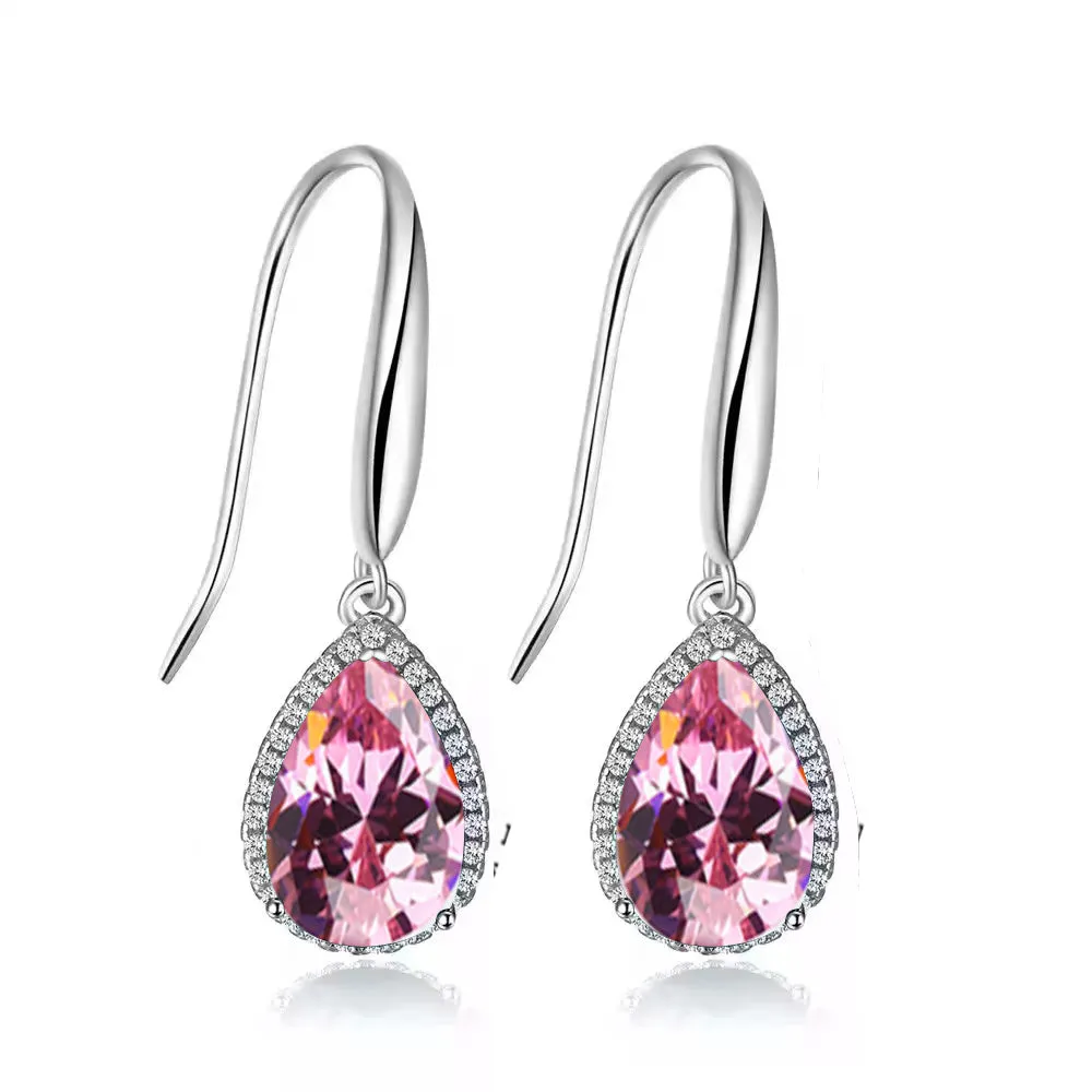 14k White Gold Plated 1/2 Ct Created Pink Sapphire Teardrop Earrings