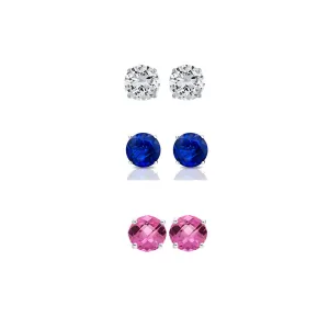 14k White Gold Plated 1Ct Created White Sapphire, Blue Sapphire and Pink Sapphire 3 Pair Round Stud Earrings