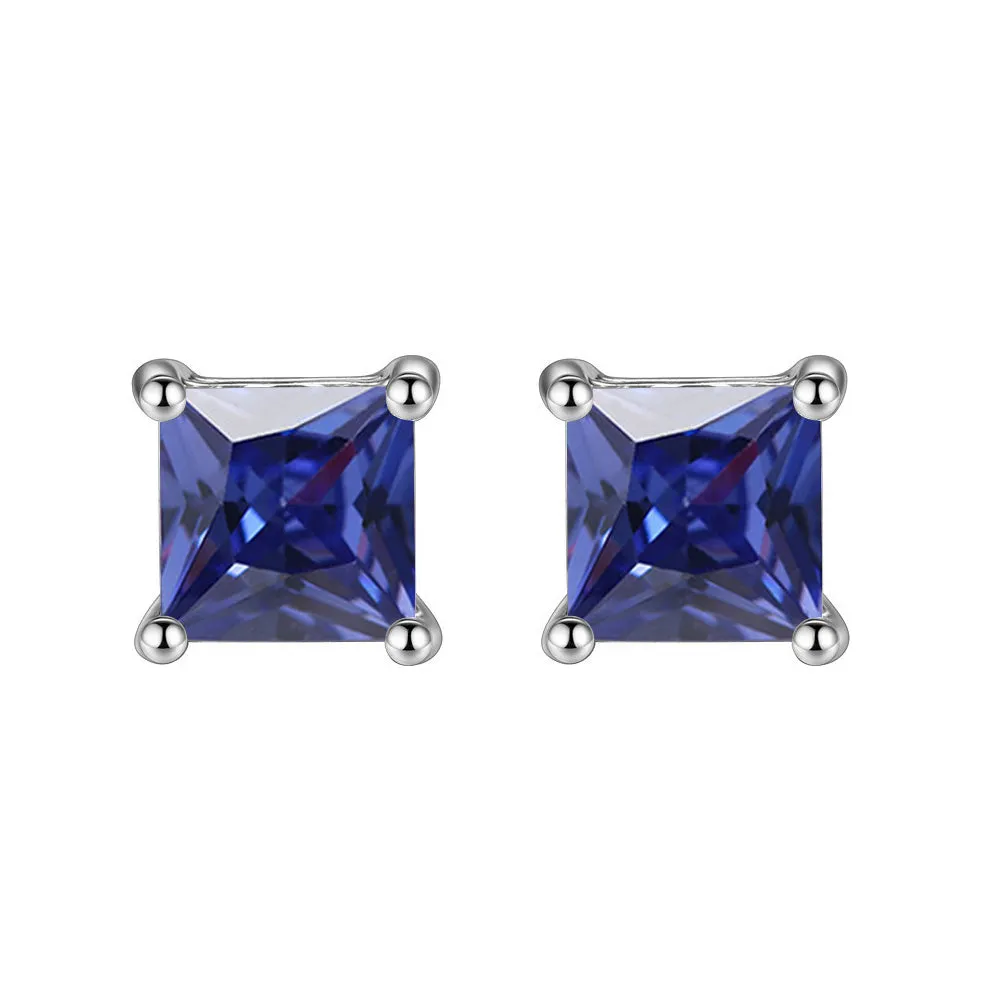 14k White Gold Plated 4 Ct Square Cut Created Blue Sapphire Stud Earrings