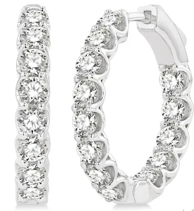 14k White Gold Round Cut Diamond Hoop Earrings, 3.0 Carat TW