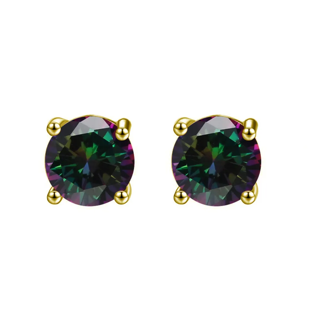 14k Yellow Gold Created Mystic Sapphire Round Stud Earrings 1/4 ct