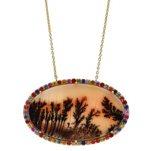 14K Yellow Gold Custom Design One-Of-A-Kind Picture Agate w/Multi-Colored Sapphire Accent 18" Necklace