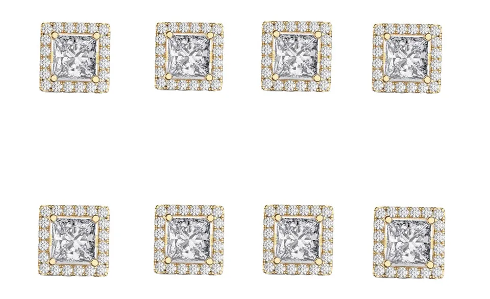 14k Yellow Gold Plated 1/2Ct Square Cut White Sapphire Set of Four Halo Stud Earrings