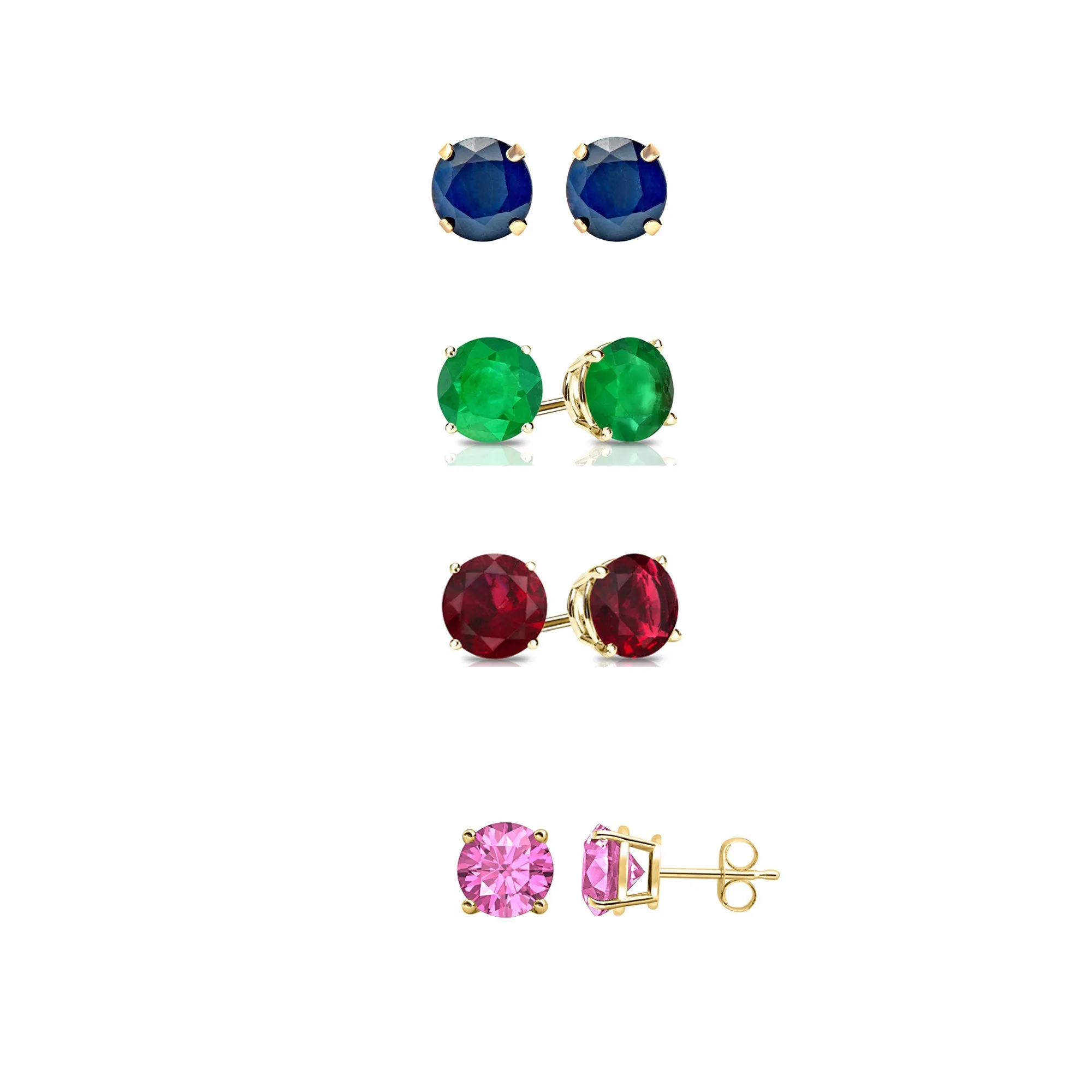 14k Yellow Gold Plated 1Ct Created Blue Sapphire, Emerald, Ruby and Pink Sapphire 4 Pair Round Stud Earrings