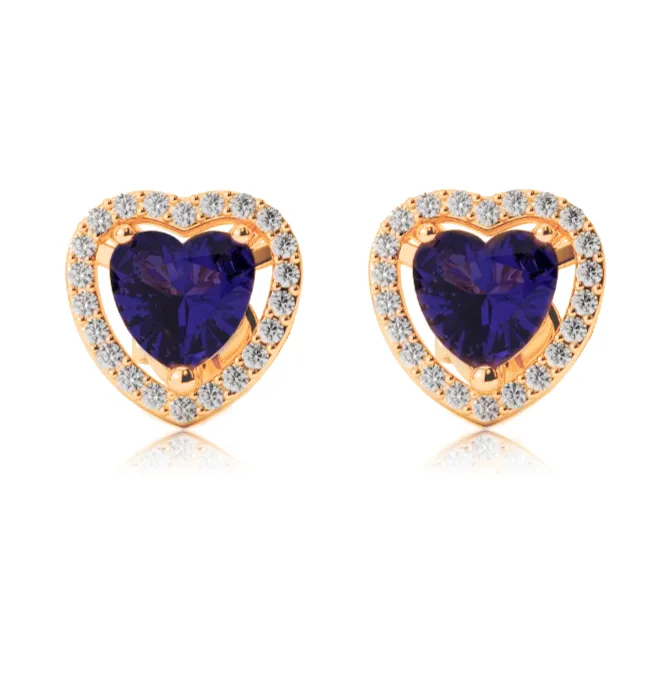 14k Yellow Gold Plated 4 Ct Created Halo Heart Blue Sapphire Stud Earrings