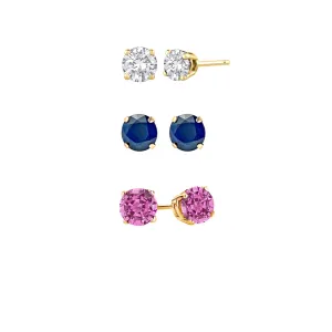 14k Yellow Gold Plated 4Ct Created White Sapphire, Blue Sapphire and Pink Sapphire 3 Pair Round Stud Earrings