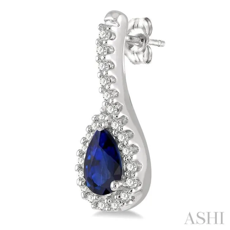 1/6 Ctw Hanging Arm 5x3 MM Pear Cut Sapphire and Round Cut Diamond Precious Earring in 10K White Gold