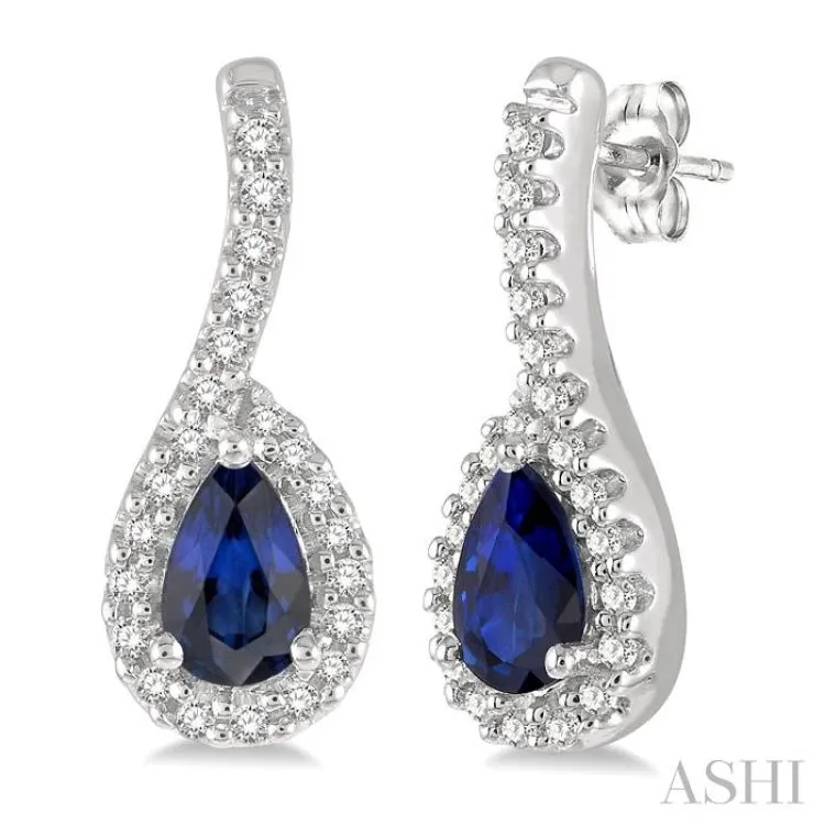 1/6 Ctw Hanging Arm 5x3 MM Pear Cut Sapphire and Round Cut Diamond Precious Earring in 10K White Gold