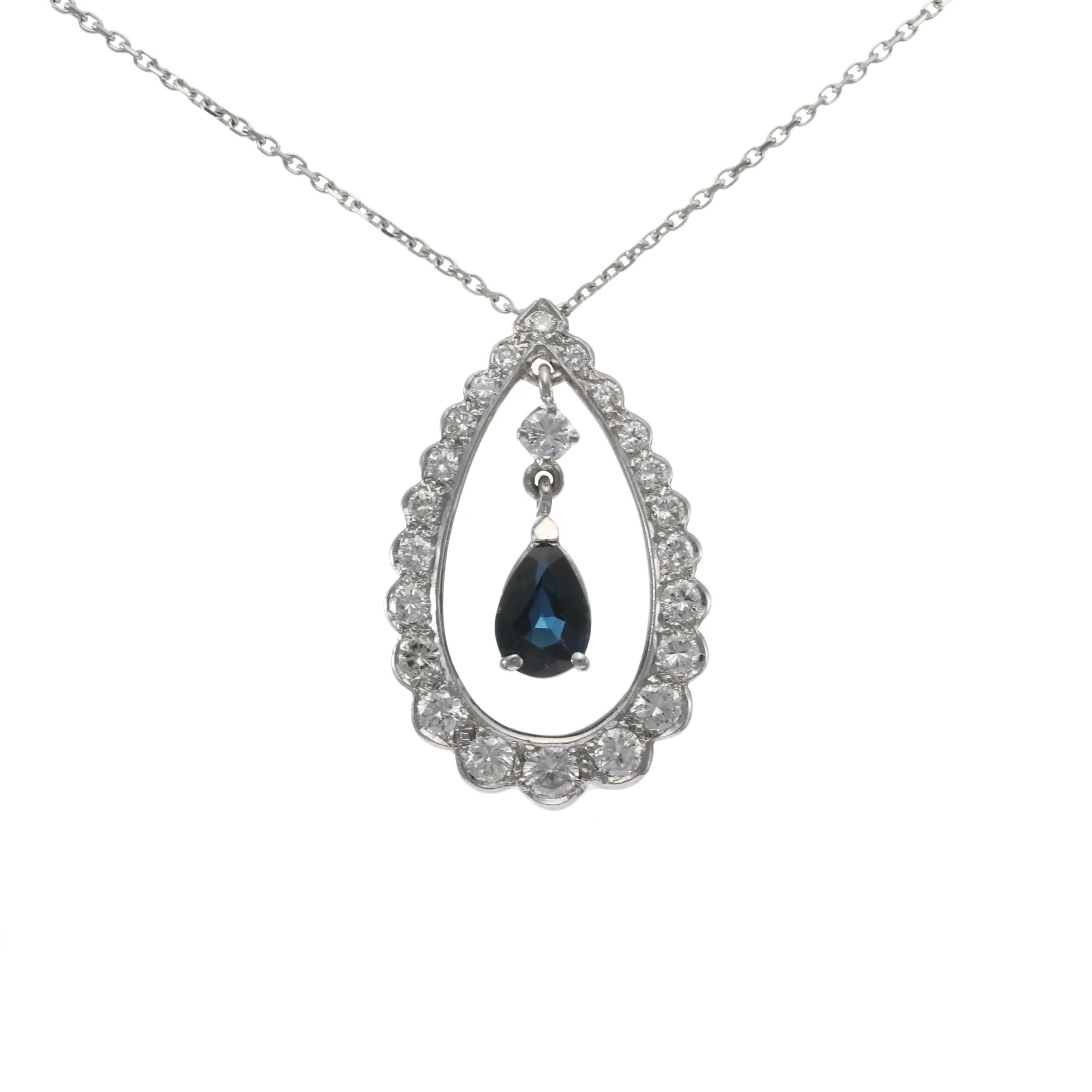 1.75CTW Diamond Pear Sapphire Teardrop Pendant Necklace 14k White Gold