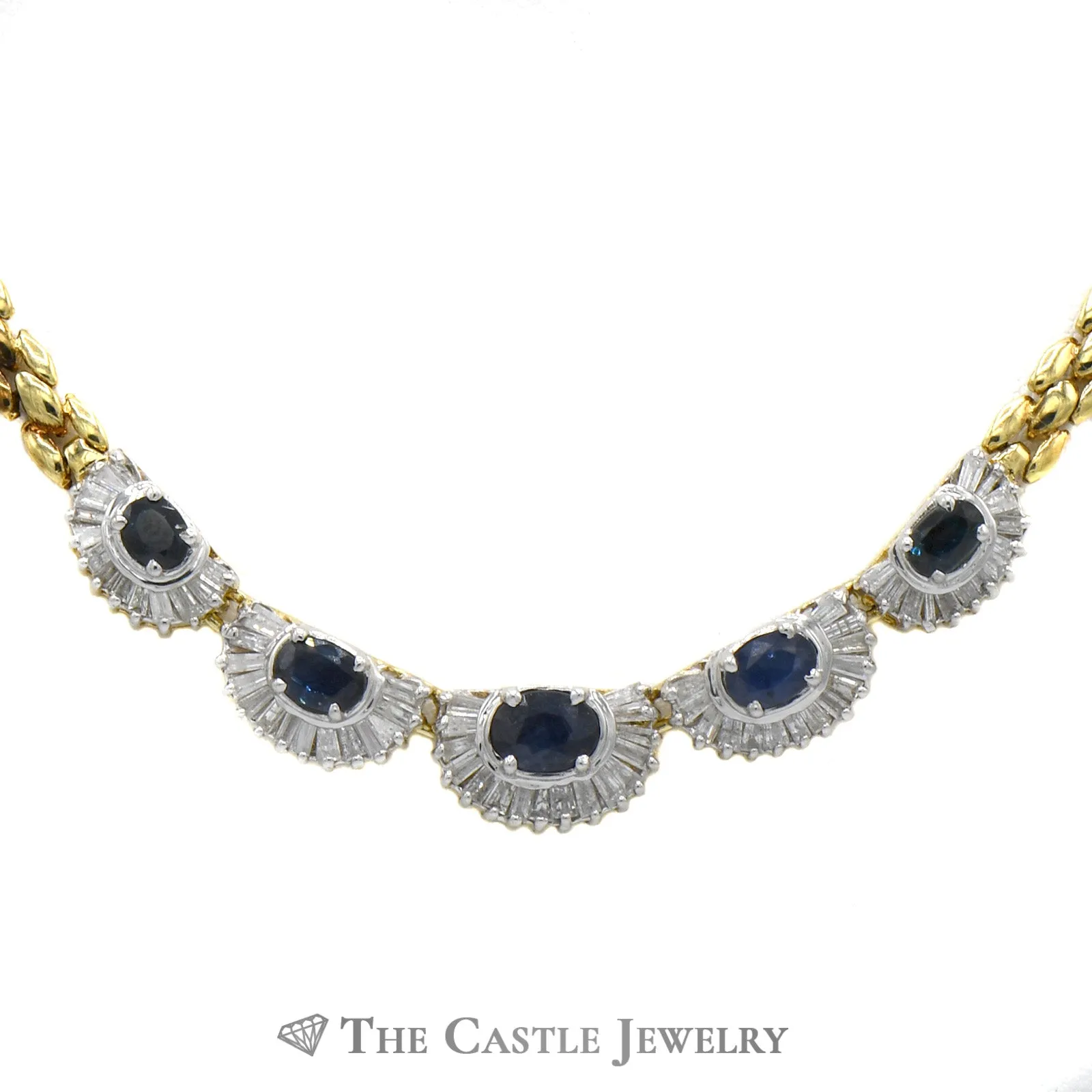 18 inch Graduated Oval Sapphire Necklaces with Baguette Diamond Halos on 14k Yellow Gold Panther Link Chain