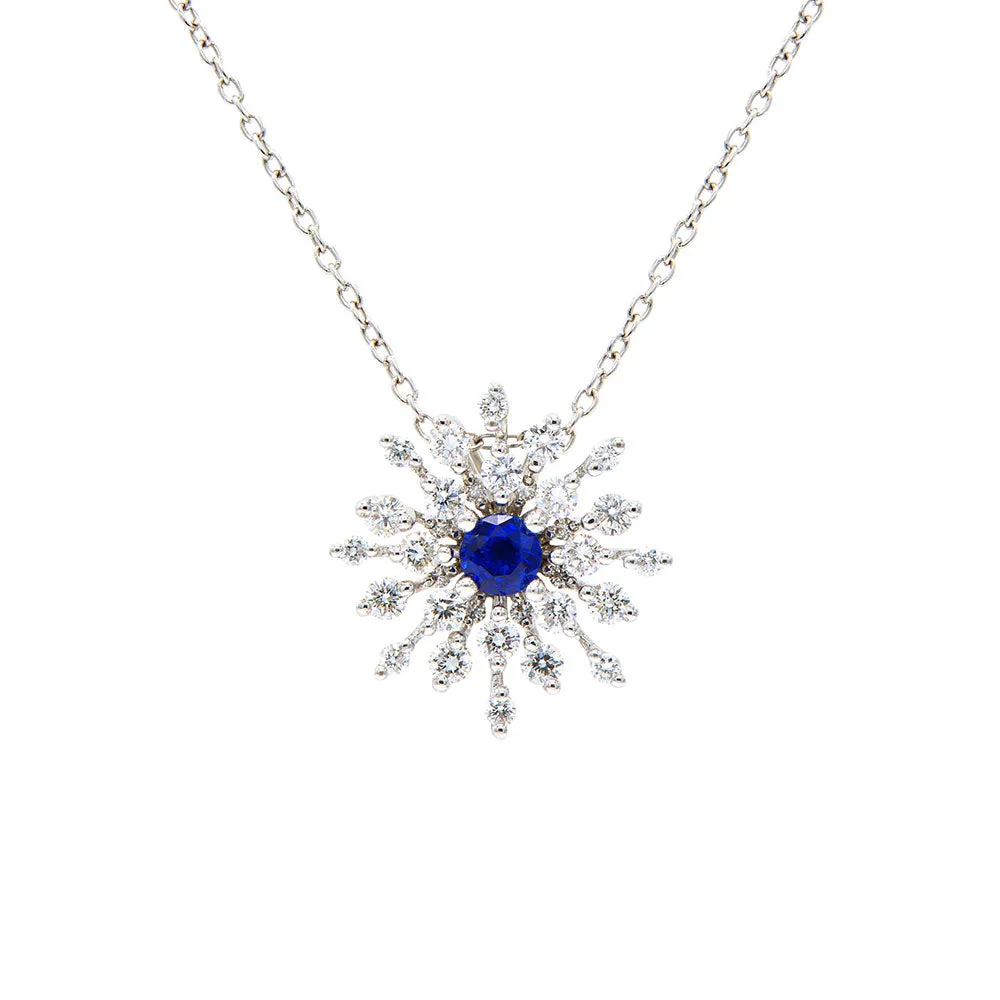 18 Karat White Gold Sapphire and Diamond Starburst Necklace