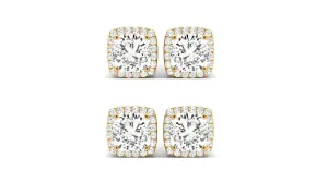 18k Yellow Gold 4Ct Cushion Cut White Sapphire Set Of Two Halo Stud Earrings Plated