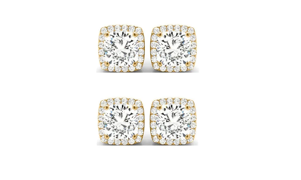 18k Yellow Gold 4Ct Cushion Cut White Sapphire Set Of Two Halo Stud Earrings Plated