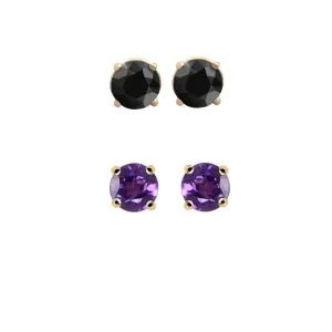 18k Yellow Gold Plated 1/2Ct Created Black Sapphire and Amethyst 2 Pair Round Stud Earrings