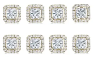 18k Yellow Gold Plated 1/2Ct Princess Cut White Sapphire Set of Four Halo Stud Earrings