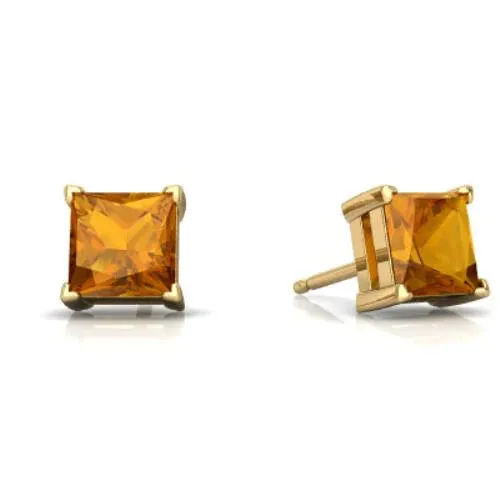 18k Yellow Gold Plated 1/4 Carat Princess Cut Created Citrine Stud Earrings 4mm