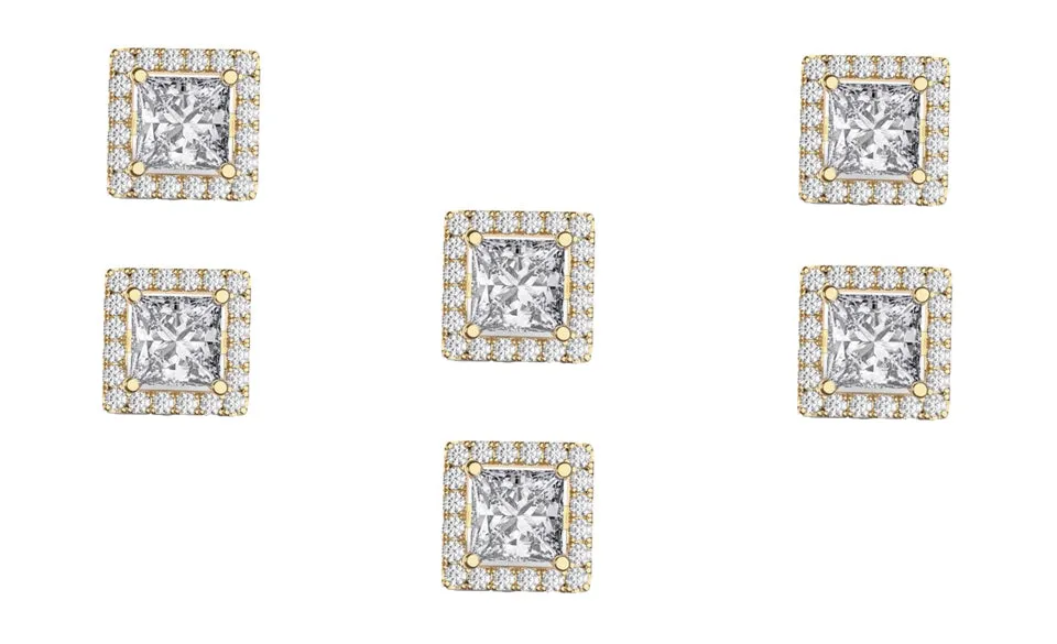 18k Yellow Gold Plated 4mm 4Ct Square Cut White Sapphire Set of Three Halo Stud Earrings