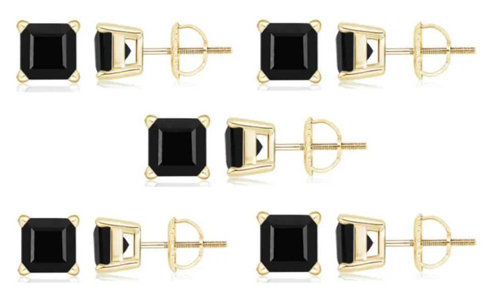 18k Yellow Gold Plated Created Black Sapphire 1Carat Square Cut Pack of Five Stud Earrings