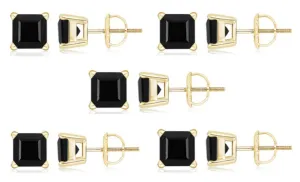 18k Yellow Gold Plated Created Black Sapphire 1Carat Square Cut Pack of Five Stud Earrings