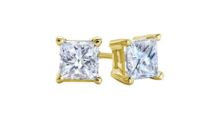 18k Yellow Gold Plated Created White Sapphire 2 Carat Square Cut Stud Earrings