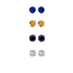 24k White Gold Plated 1/2Ct Created Blue Sapphire, Citrine, Black Sapphire and White Sapphire 4 Pair Round Stud Earrings