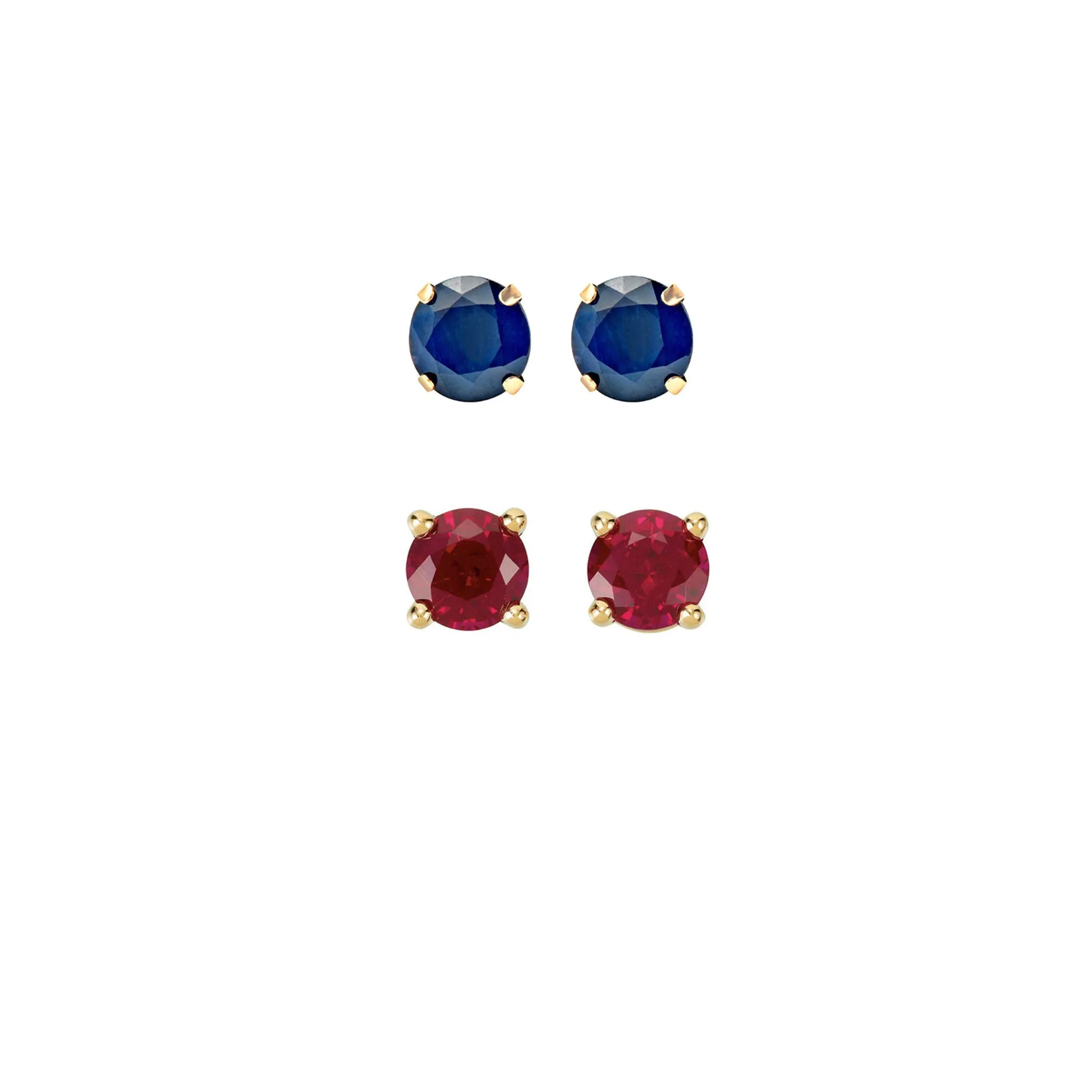 24k Yellow Gold Plated 2Ct Created Blue sapphire and  Ruby 2 Pair Round Stud Earrings