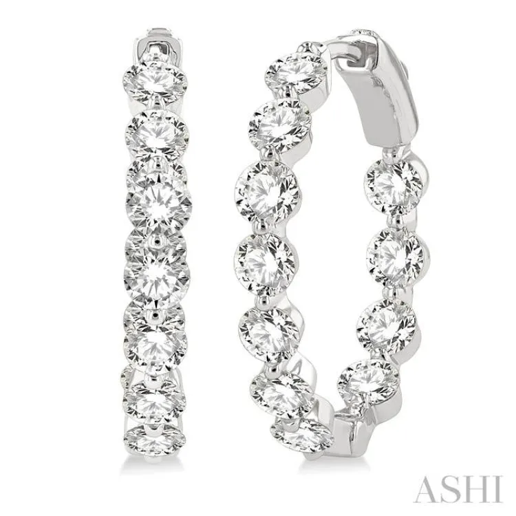 4 ctw Interior and Exterior Single Prong Set Round Cut Diamond Fashion Hoop Earring in 14K White Gold