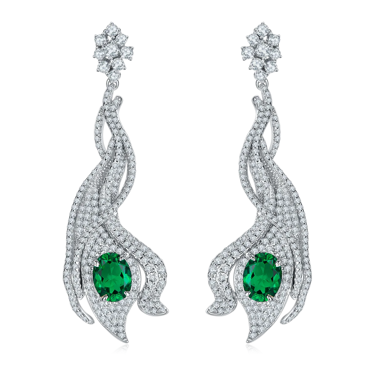 5.0 Carat Oval Lab-Created Gemstone S925 Silver Plated Platinum Phoenix Tail Drop Earrings