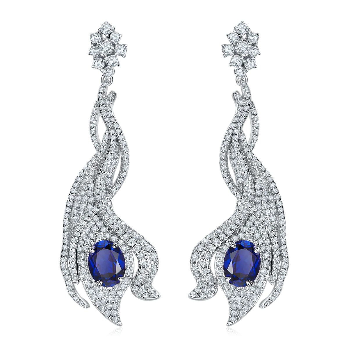 5.0 Carat Oval Lab-Created Gemstone S925 Silver Plated Platinum Phoenix Tail Drop Earrings