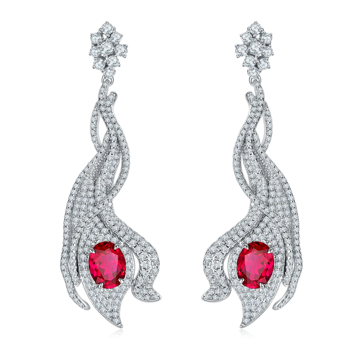 5.0 Carat Oval Lab-Created Gemstone S925 Silver Plated Platinum Phoenix Tail Drop Earrings