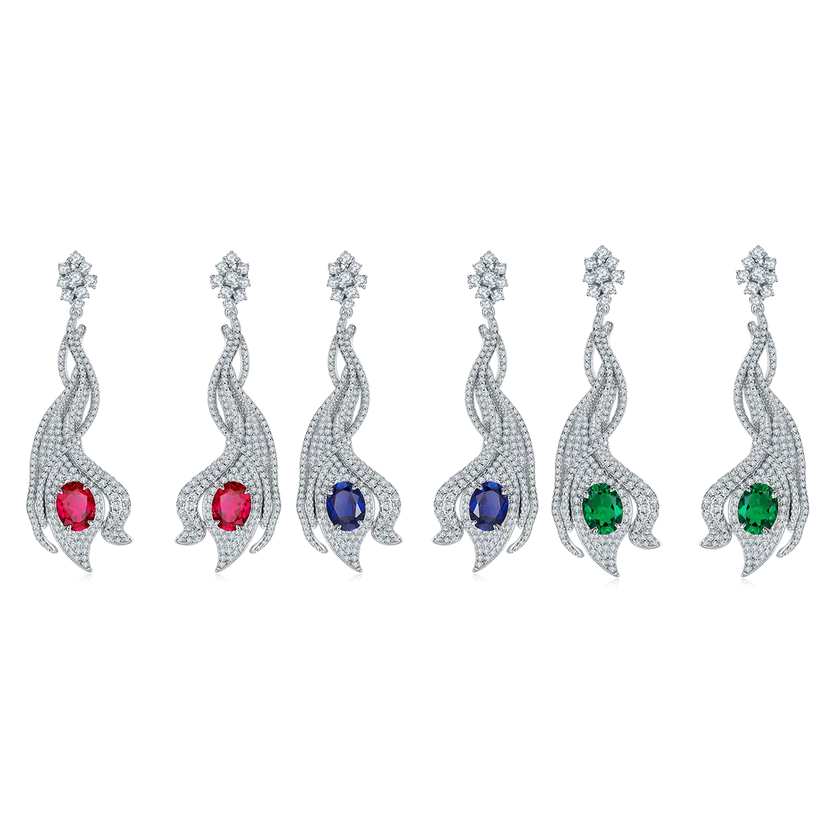 5.0 Carat Oval Lab-Created Gemstone S925 Silver Plated Platinum Phoenix Tail Drop Earrings