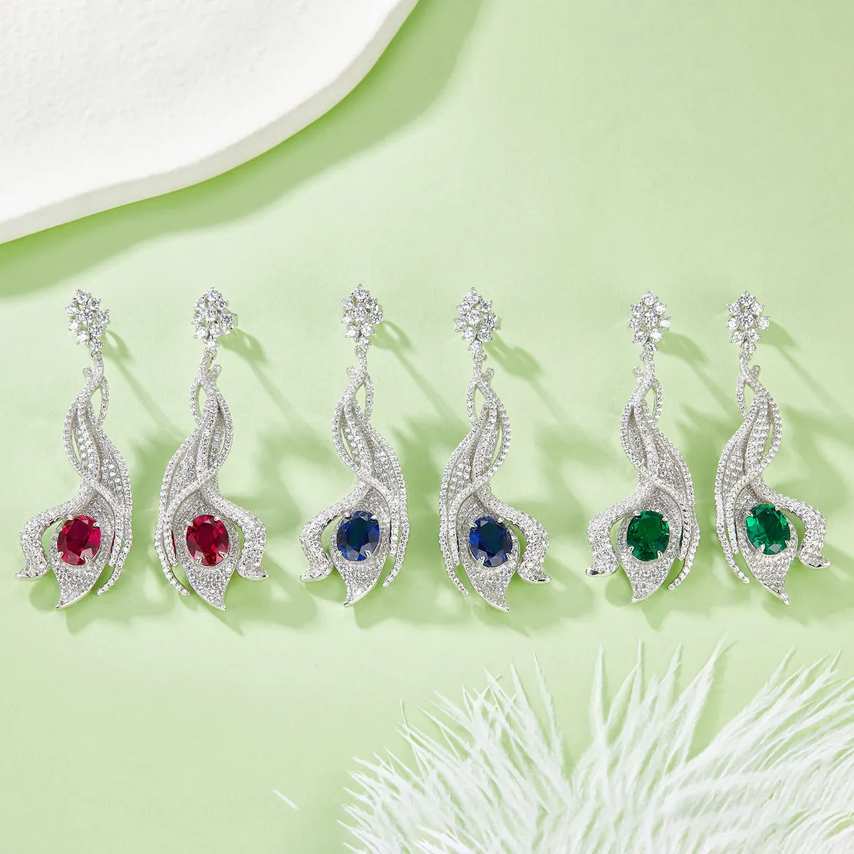 5.0 Carat Oval Lab-Created Gemstone S925 Silver Plated Platinum Phoenix Tail Drop Earrings